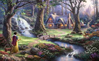 Woman dog house woods stream - kinkade free wallpaper for desktop