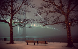 Bench snow tree bridge night - evgeny lushpin free wallpaper