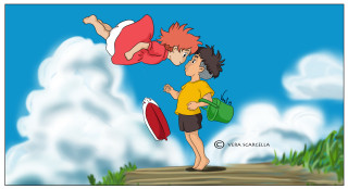 Boy girl kissing clouds beach - ghibli free wallpaper