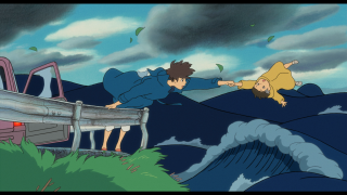 Cartoon man falling car ocean - ghibli free wallpaper