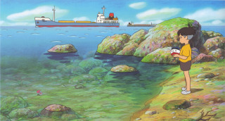 Cartoon girl rocky shore ship - a cup free wallpaper