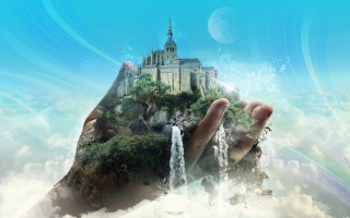 Hand holding waterfall castle sky - a hand holding free wallpaper