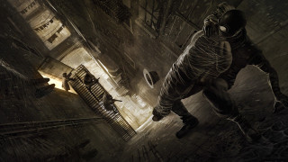 Man walking street building clock - ben templesmith free wallpaper