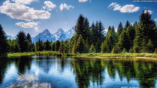 Lake trees mountains blue sky 8 - a few cloud free wallpaper for desktop