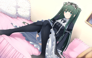 Green haired gothic lolita sitting - a pink pillow free wallpaper