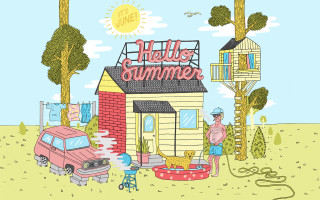 Man woman house car treehouse - free summer wallpaper