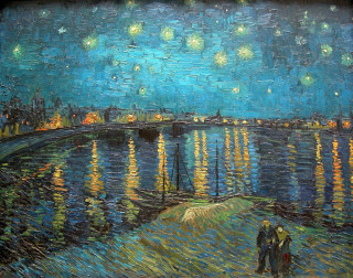 Couple walking path water night - postimpressionism free wallpaper