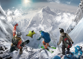 Mountain skiers snowboards planet scenery - ski free wallpaper