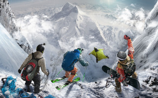 Snowboarders jumping mountain air background - the air free wallpaper