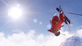 Skier jumping in air snow - his foot free wallpaper