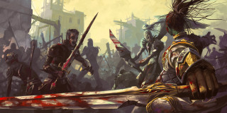 Sword wielding bloodied hands group - blood free wallpaper