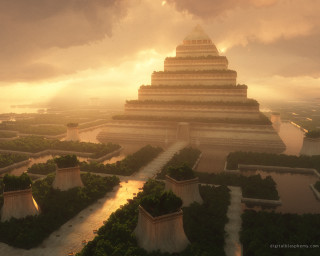 Large pyramid trees river dusk - matte painting concept art free wallpaper for desktop