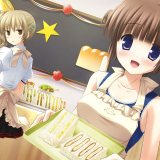Anime girls donuts kitchen star - the wall behind them free wallpaper for tablet