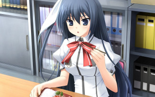 Girl white shirt red bow - a plate of food free wallpaper