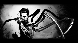 Creepy man holding giant spider - his hand and a knife free wallpaper