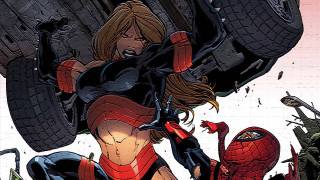 Woman red dress holding tire - giantess art free wallpaper