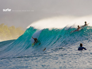Three surfers riding large wave - evan charlton free wallpaper