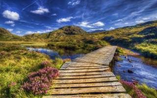 Wooden bridge river mountains flowers - derold page free wallpaper