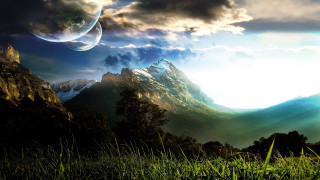 Mountain range sky planet sun 3 - a painting of a mountain range free wallpaper