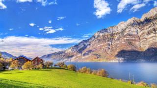Lake mountains house sky landscape - scenic free wallpaper