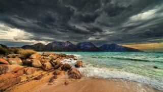 Beach rocky shoreline mountains cloudy - rocky free wallpaper