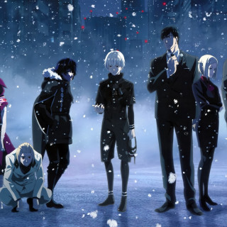 Group people snow falling foreground - figurative free wallpaper for tablet