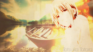 Blonde girl boat lake mountains - the background and a sunset free wallpaper