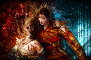 Woman sword demon shoulder red - her hand and a demon free wallpaper