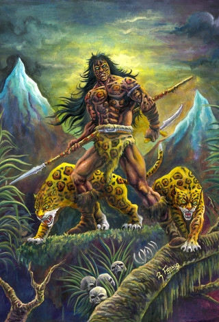 Man sword leopards jungle mountains - a painting of a man free wallpaper for mobile