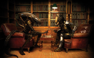 Alien men library chairs bookshelves - chair free wallpaper