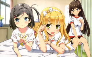 Three girls sitting bed room 2 - a bed in a room free wallpaper