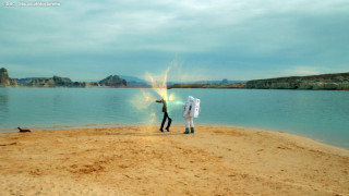 Man light saber beach lake - a sandy beach next free wallpaper