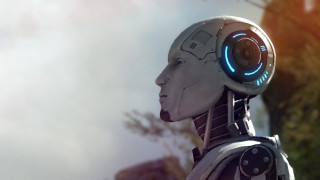 Robot headphones tree sky sun - headphone free wallpaper