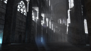Dark cathedral light person standing - the middle of the room free wallpaper