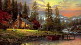 Cabin lake boat mountain painting 2 - a painting of a cabin free wallpaper