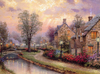 River bridge village flowers trees - edward lamson henry free wallpaper