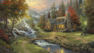 Cabin stream boat bridge painting - edward lamson henry free wallpaper