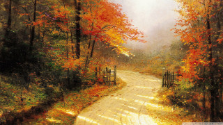 Autumn forest fence leaves burns - an oil painting free wallpaper