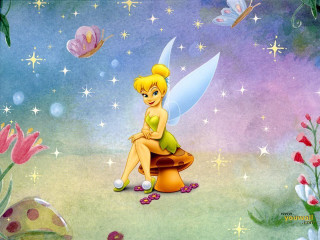 Tinkerbell bench field flowers butterflies - a butterfly free wallpaper for desktop