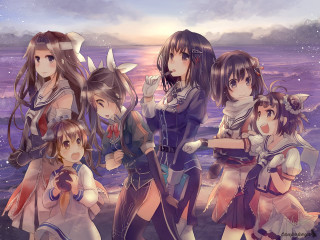 Anime girls beach sunset group - the sun setting behind them free wallpaper