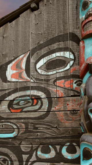 Wooden building painted face skateboard - leaning free wallpaper for mobile