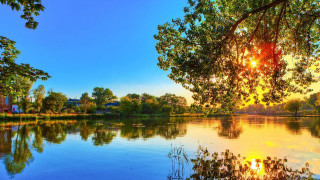 Lake tree building sunset sunshine - cao zhibai free wallpaper