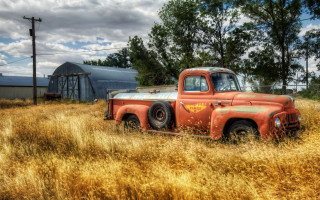 Old red truck field barn - old free wallpaper