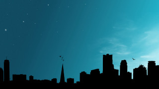 City skyline blue sky stars - the background and a plane free wallpaper