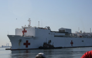 Large ship red cross water - panoramic free wallpaper
