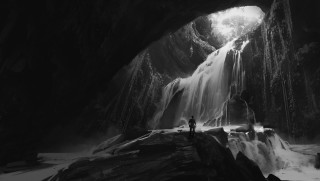 Man cave waterfall distance light - a cave free wallpaper