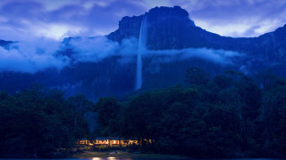 Waterfall night mountains lake boat - scene free wallpaper for desktop