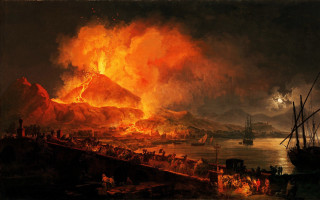 Fire harbor boats mountain painting - classical painting free wallpaper