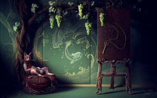 Woman chair tree vines ladder - a ladder free wallpaper