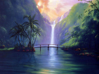 Waterfall bridge river sunset painting 2 - kinkade free wallpaper for desktop